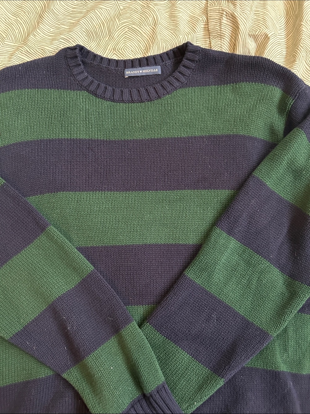 Brandy Melville Navy and Green Striped Crewneck Sweater